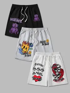 Men's 3-Piece Bear Print Shorts Set, Flame Smiley Skull Heart Pattern, Casual Fitted Drawstring Waist Summer Shorts, Active Athletic Shorts, Graphic Print Shorts for Outdoor Sports