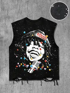 Men's Casual Loose Sleeveless Vest with Fringe, Base with Rhinestone Design, Graphic Rapper Print, Asymmetrical Cut, Perfect for Music Festivals and Livehouses