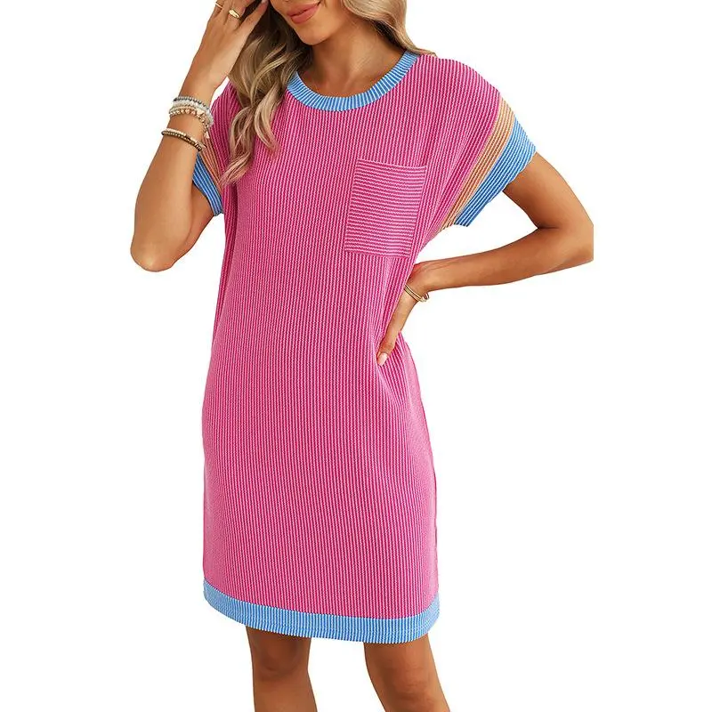 Women's casual summer round neck short sleeve ribbed mini t-shirt dress contrast stitching t-shirt dress casual versatile knitted skirt