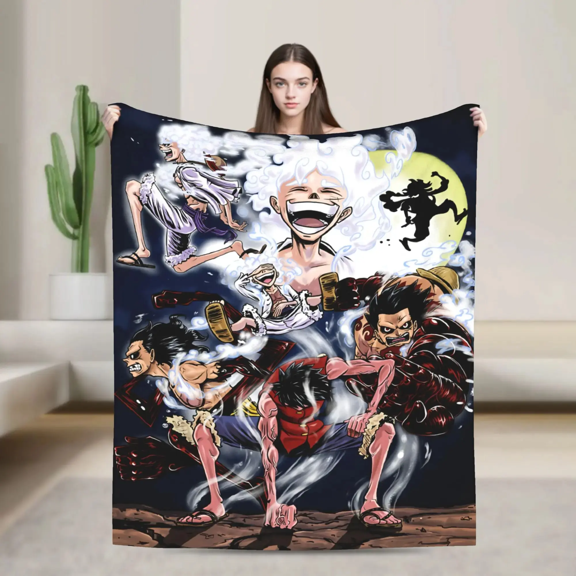 Fantasy Rubber Warrior Evolution Form Art Flannel Throw Blanket, Sunlit Divine Hero Single-Side Print, Ultra Soft Cozy Lightweight Warm Cover for Sofa, Bedroom & Movie Night, Stylish Decorative Gift for Adventure Anime Art Enthusiasts