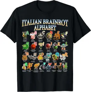 100% Cotton Unisex Italian BRAINROT Alphabet - Funny Brainrot Meme Character T-Shirt Graphic Casual Fashion Shortsleeve