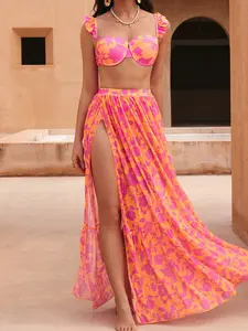 Bright Flower Floral Bikini Set, Sexy High Waist Tummy Control, Pleated Shoulder Straps, Sheer Long Dress Beach Vacation Essential