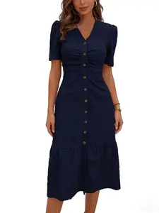 Women's Midi Dress, Slim-Fitting Short Sleeve V-Neck, French Style, Button Front, Ruffle Hem, Casual Vacation Wear, All Seasons