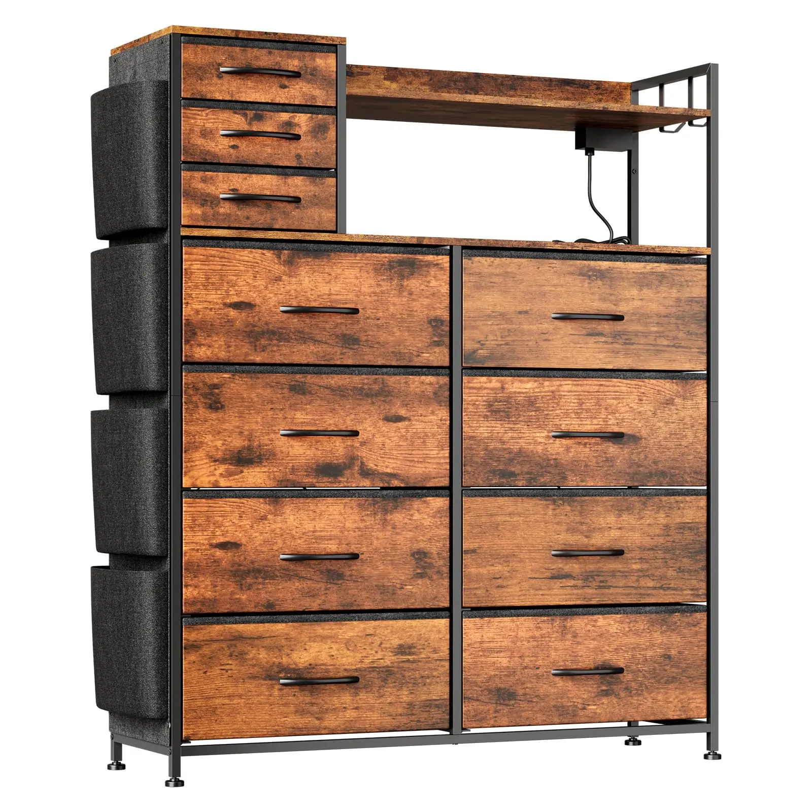 Versatile Storage Wardrobe – 8+3 Fabric Drawers, Charging Station, LED Lights, Hooks, Shelves, Sturdy Metal Frame, Wooden Top, Side Pockets – Perfect for Bedroom, Living Room, Closet-A