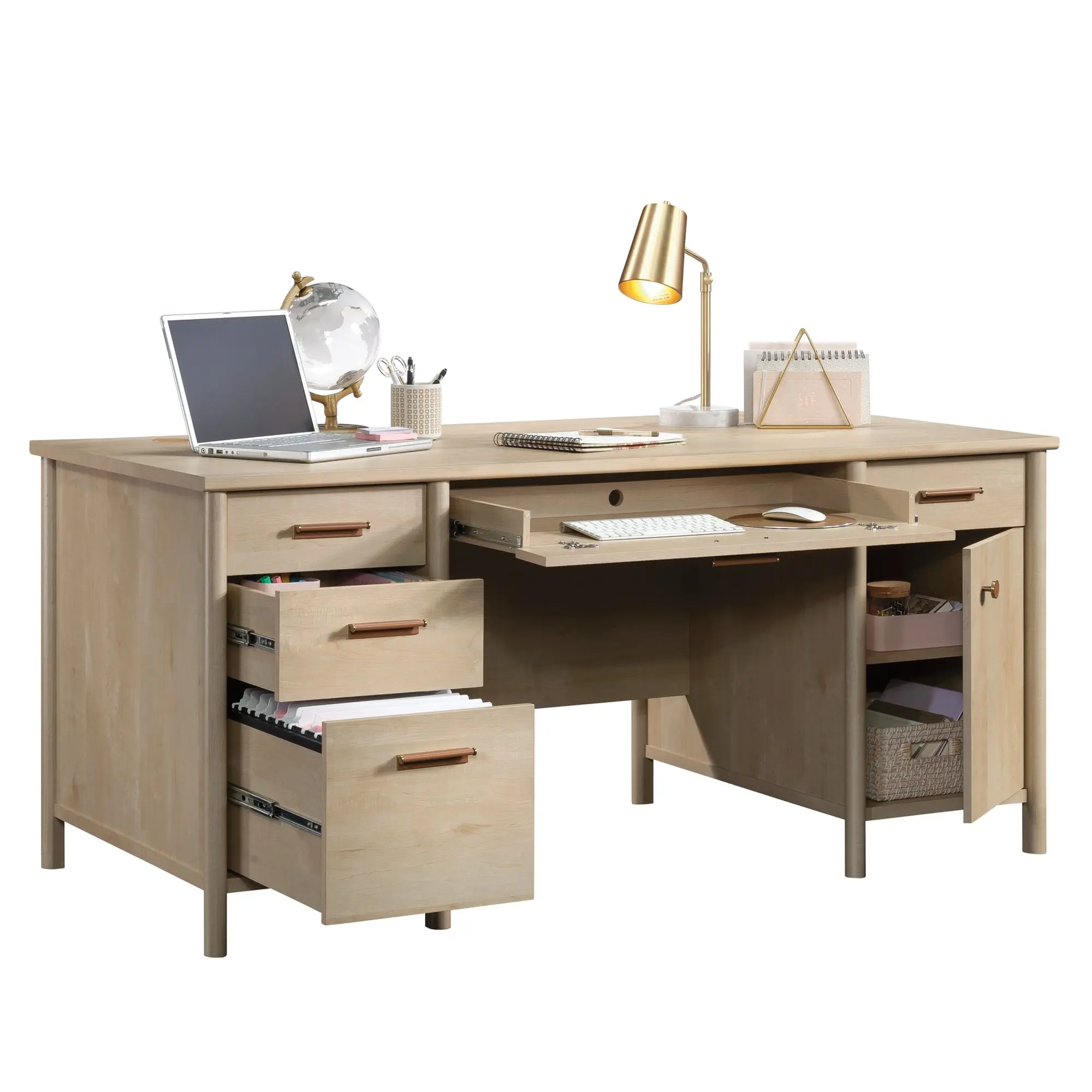 Sauder Whitaker Point Ergonomic Home Office Engineered Wood Desk - Executive Workstation for WFH Setup, Writing, Computer Use, 3 Smooth Sliding Drawers, File Drawer, Transitional Interior Design Office Inspo, Wood Work Desk