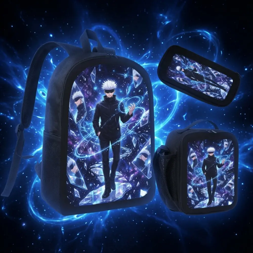 Jujutsu Kaisen Gojo Satoru Crystal Galaxy 3Pcs Backpack Set, 17 Inch Teen School Bookbag with Lunch Bag & Pencil Case, Anime Blue Crystal Magic Art Oxford Rucksack, Trendy Anime Character Backpack Gift For Anime Fans