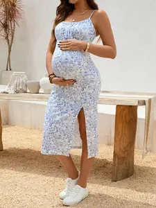 Maternity Floral Print Holiday Dress With Side Slit Hem And Spaghetti Straps Boho/Bohemia Vacation Outfits Blue Maternity Dress Sundress Summer