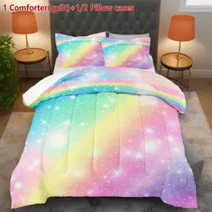 Rainbow Print Quilt Set, Tie-Dye Stars Watercolor Art Style, Sweet Bedroom Decor (quilt + Pillowcase), 3 Piece Bedding Set