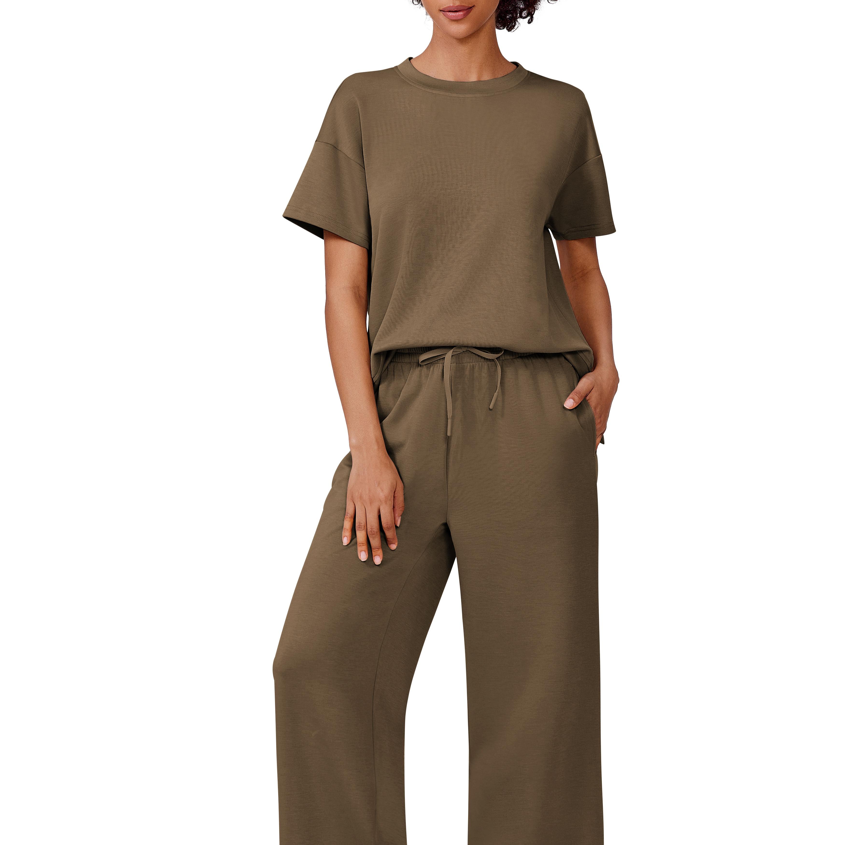 PINSPARK 2 Piece Sets for Women Soft Short Sleeve Matching Lounge Set Wide Leg Pants Tracksuit Travel Summe Travel Kitr