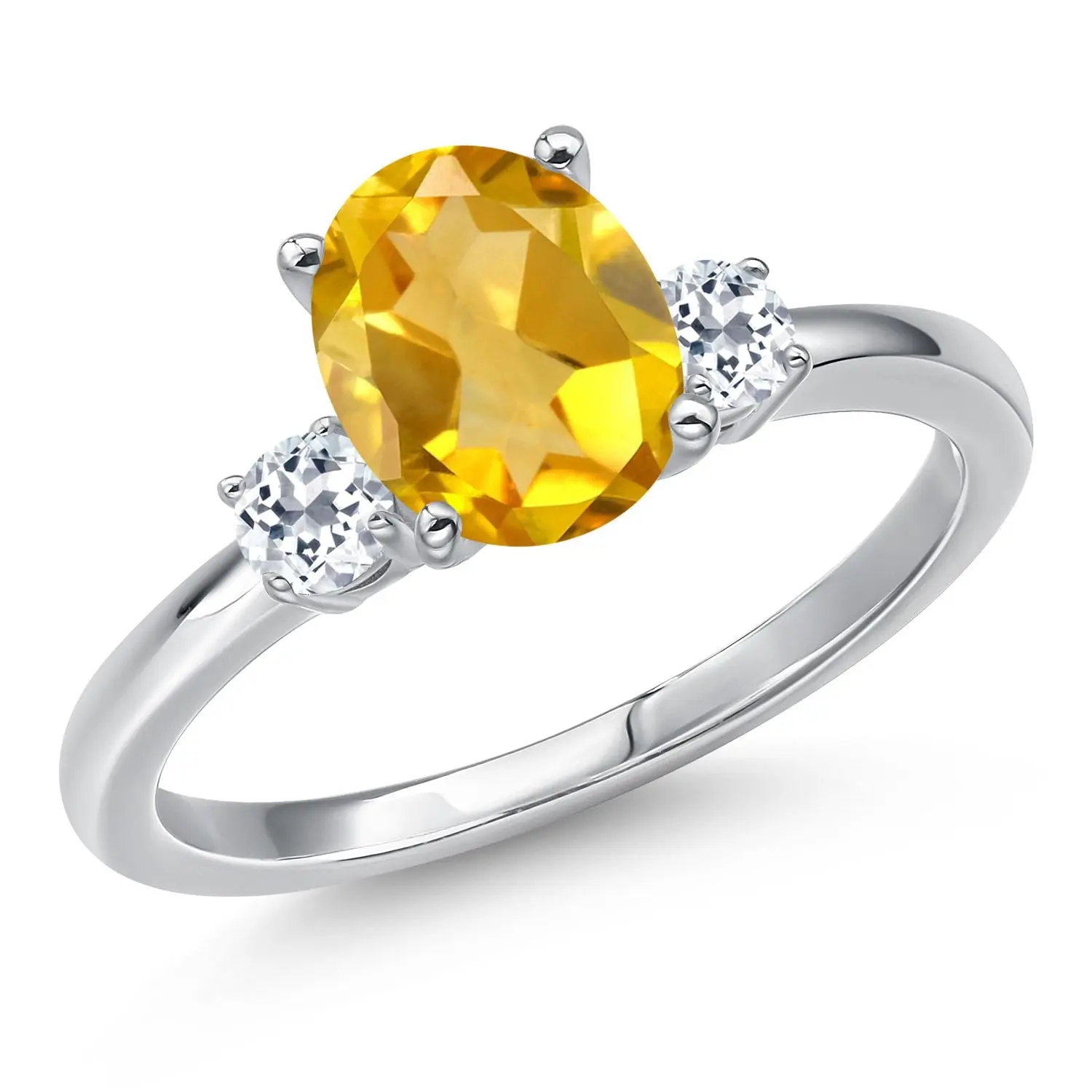 14K White Gold Yellow Citrine and White Topaz 3-Stone Engagement Ring For Women | 1.78 Cttw | Oval 9X7MM | Gemstone Birthstone | Three Stone Wedding Engagement Anniversary Ring