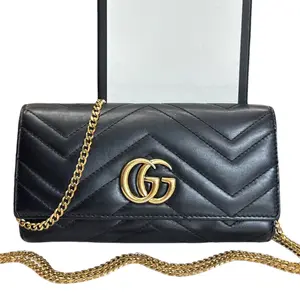 Pre-owned GUCCI Calfskin Small Leather Goods Black Leather GG Marmont Wallet with Chain
