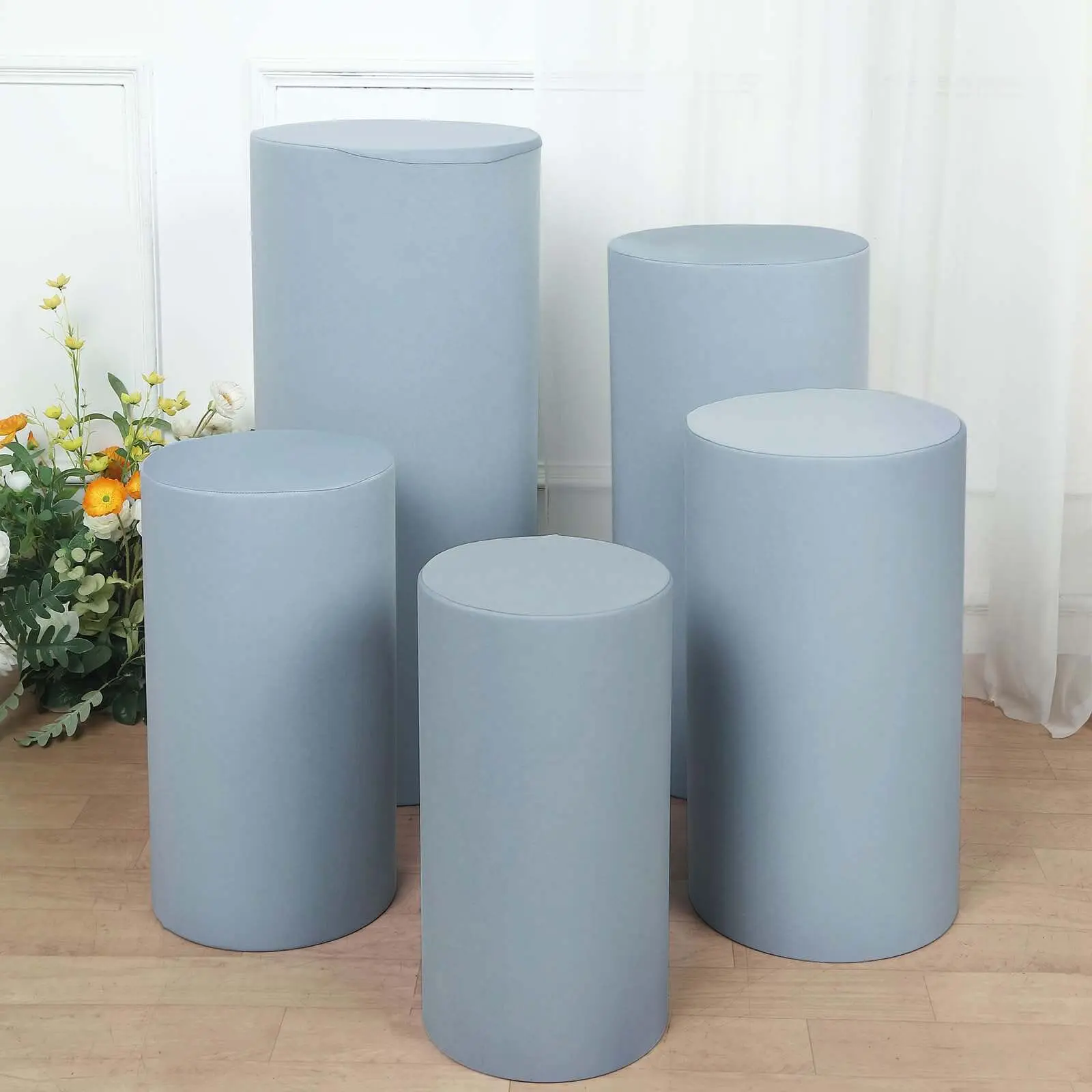 Dusty Blue Spandex Cylinder Pedestal Dustcovers (Set of 5) - 160 GSM Stretchable Fabric Stand Covers, Machine Washable Decorative Pillar Covers for Home Supplies, Baby Shower, Stores, Wedding-Ready Look