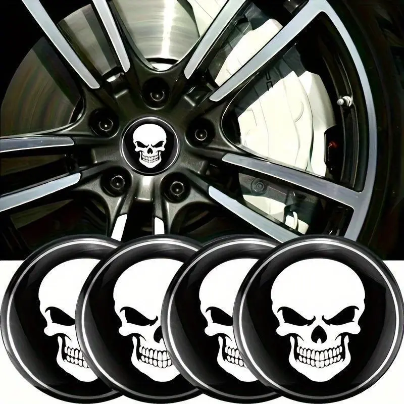 Wheel Center Caps, 4-Piece Edgy Skeleton Skull Emblems, 2.2 Inch Metal Hub Covers, Universal Automotive Car Accessories for Trucks & SUVs, Automotive Vehicle Accessory