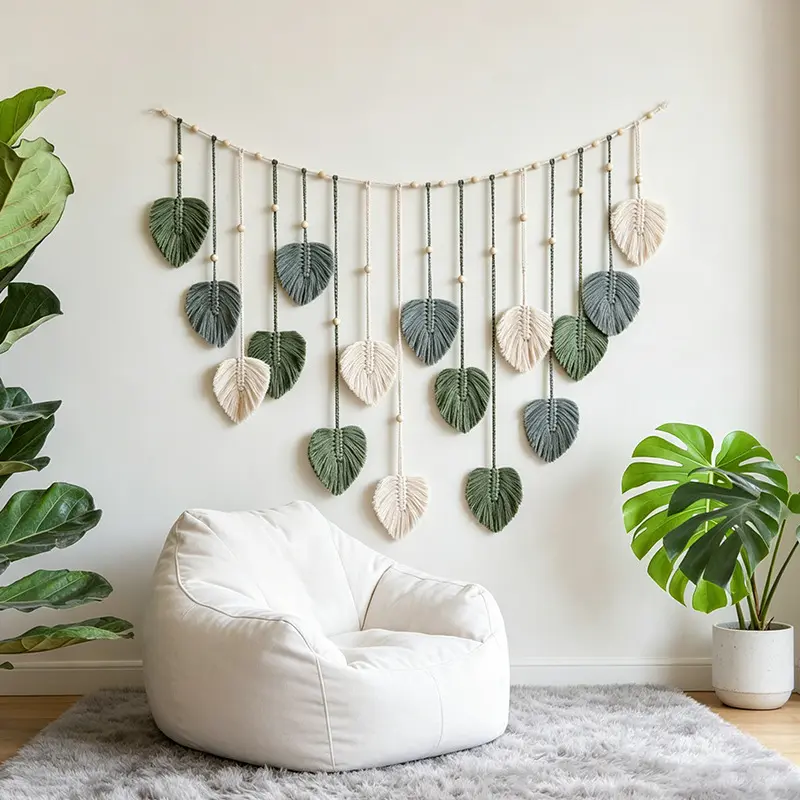 Boho Macrame Leaf Wall Hanging - Handmade Woven Garland in Green and White, Artistic Tapestry for Living Room Nursery Decor, Thoughtful Gift, Backdrop