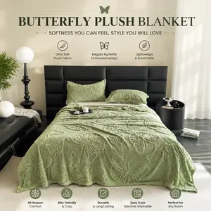 Butterfly Pattern Thickened Bed Blanket, 300gsm High Weight, Foldable, King Queen Size, Multiple Colors Available