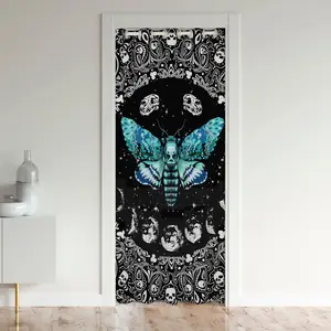 Feelyou Moth Skull Privacy Grommet Curtain - 30%-50% Blackout, Sun and Moon Bohemian Theme, 42x80 in 1 Panel Door Cover, Home Decoration Curtain, Interior Textile Accessory, Privacy Grommet Curtains