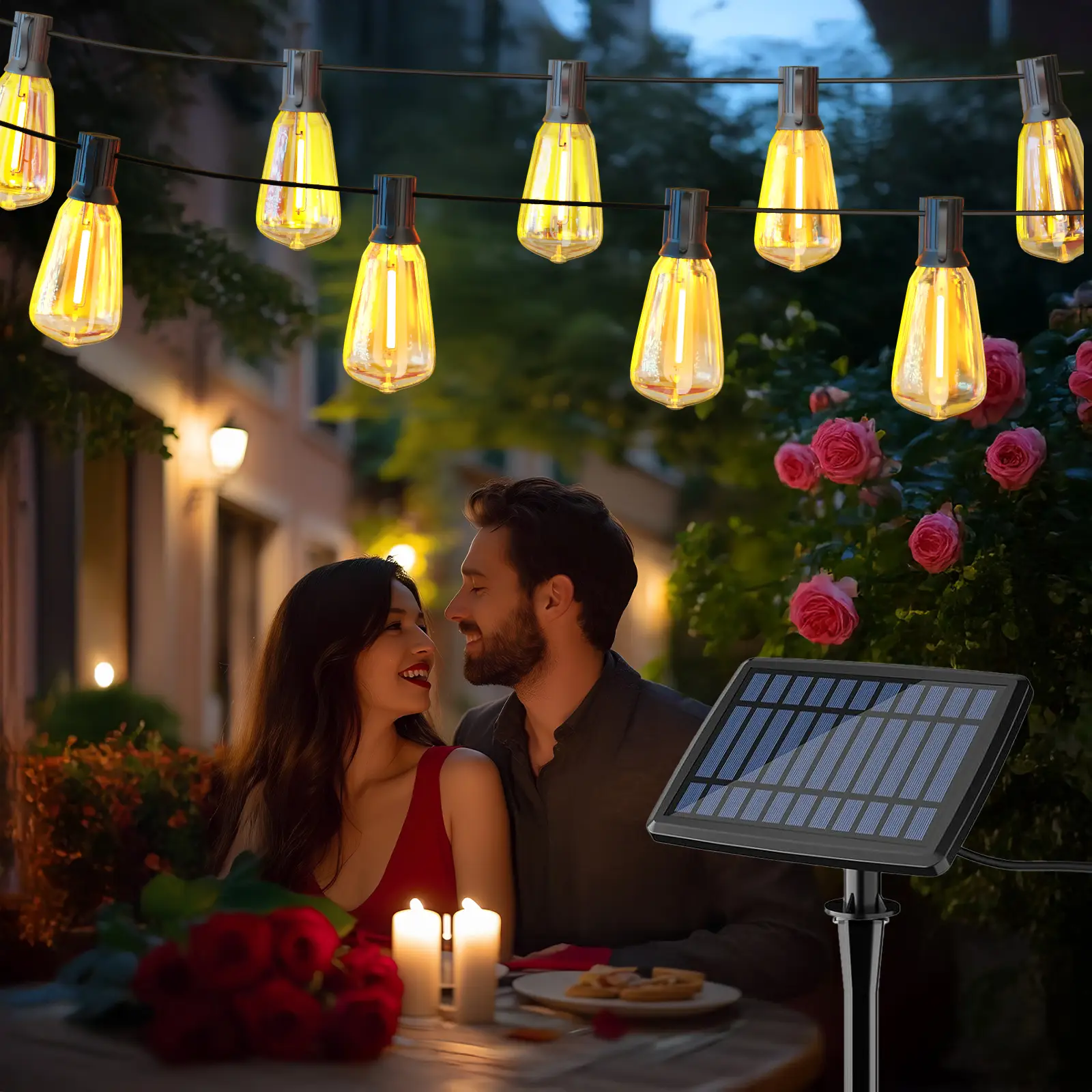 DAYBETTER Solar Outdoor String Lights, Dimmable Shatterproof ST38 Bulbs, Waterproof, 2700k Warm Light, for Backyard, Patio, Garden, Deck, Party and Ch