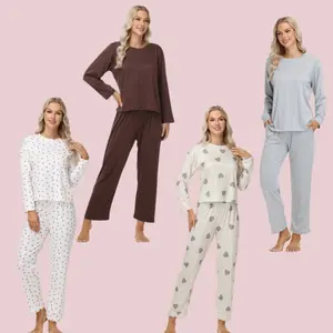 Women's Four-Season Pajama Set - Solid Color Striped Print Warm Soft Comfortable Long-Sleeved Top & Pants Plus-Size Loungewear Perfect Gift TikTok Trending 2026 New Arrival