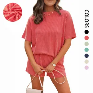 Women's Summer Casual & Comfortable Loungewear Set — Short-Sleeve Cable-Knit Top & Pocketed Shorts (Ribbed Texture)