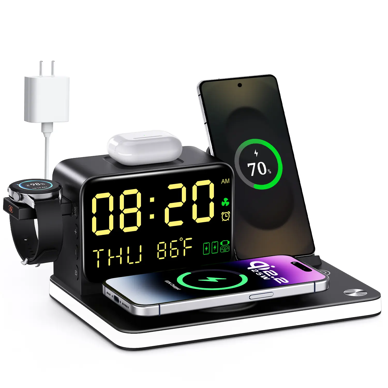 BLKE 7 in 1 Wireless Charging Station, 25W Qi 2.2 Fast Charger, 45W Adapter Included, Dual Phone Stand, Phone Cooling Fan,Touch Night Light, Bluetooth TimeSync,  Compatible with iPhone 17/16/15/14/13 Series&Apple Watch & Samsung Watch & Android Phone