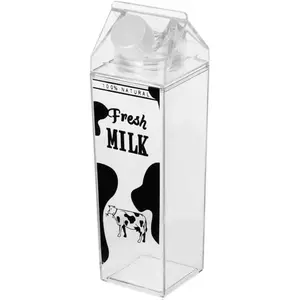 Milk Carton Water Bottle 17oz (500mL) Plastic Clear Square Milk Bottles No BPA Leakproof Water Bottle Portable Reusable Milk Carton Shaped Juice Bottle Perfect for Fitness Gym Sports