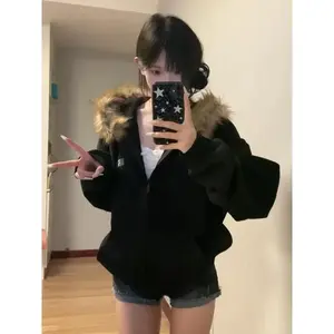 Y2k Women Black Zip Up Hoodies Vintage Korean Preppy Style Faux Fur Coat Oversized Casual Sweatshirt Harajuku Autumn Winter Can be used with raincoat