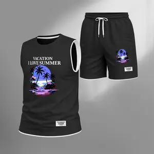 Men’s Tropical Beach Graphic Print Summer Set Sleeveless Tank Top & Shorts Matching Outfit, Vacation Island Print Lightweight Casual Streetwear Set for Everyday & Holiday