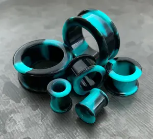 PAIR of Beautiful Teal & Black Swirl Galaxy Silicone Double Flare Tunnel/Plugs - Gauges 2g (6.5mm) up to 2" (50mm)