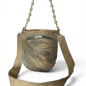 Medium bucket double use crossbody embroidered Beading & Crystals short and Long Strap
