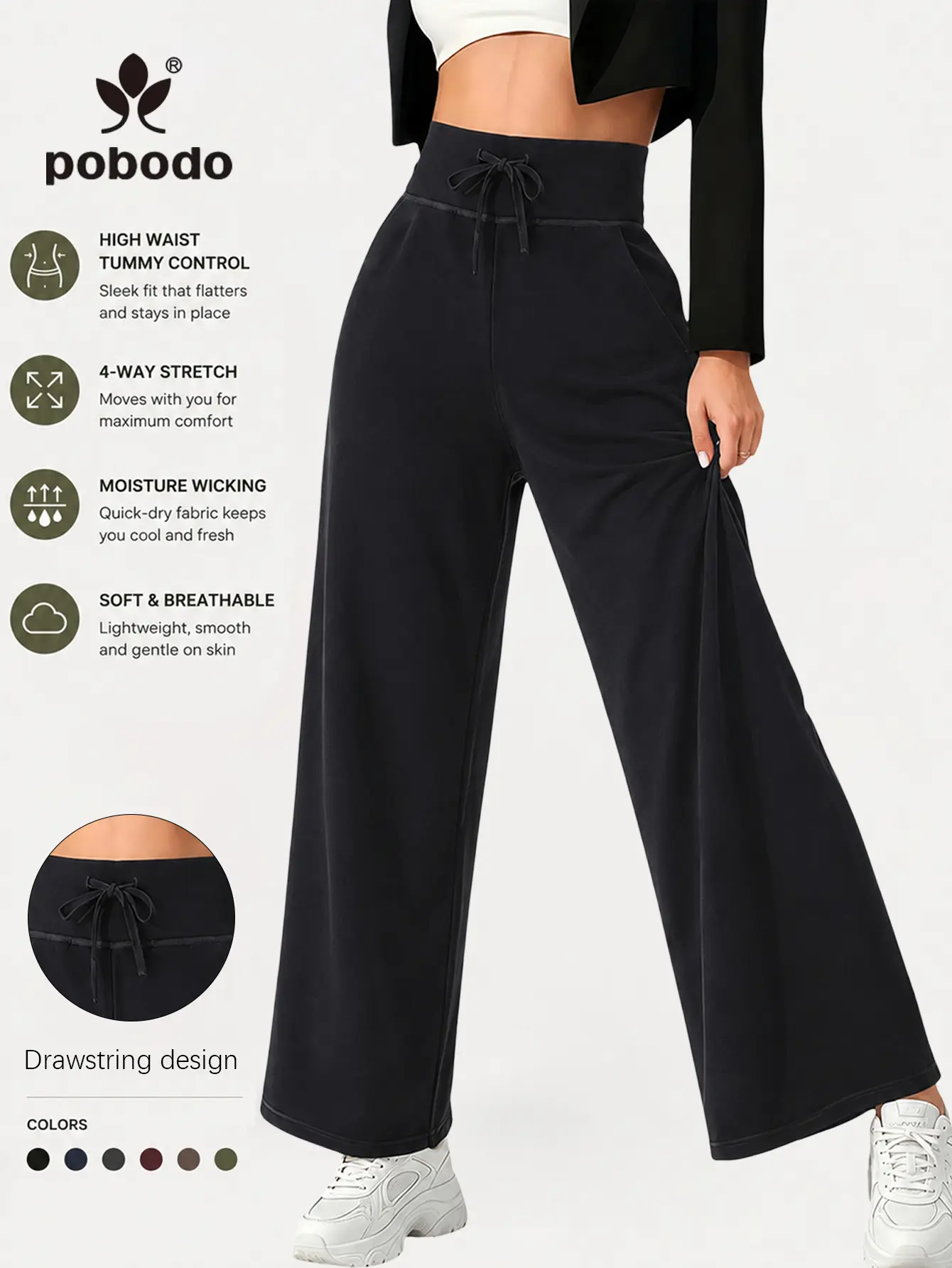 POBODO Women Drawstring Wide Leg Straight Pants with Pockets Casual Loose Sports Trousers
