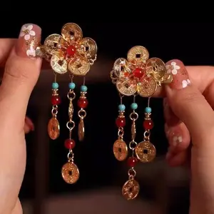 2PCS Gold Copper Coin Hair Clip Handmade Tassel Red Gold with Beads Coin for Christmas New Year Festive Hair Accessories Claw Clip Good Luck Metal Copper french hair pin hair clips banana clip hair