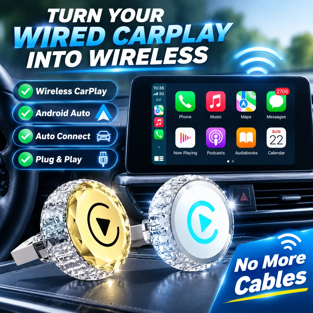 Wireless CarPlay Adapter for iPhone & Android, 2-in-1 Wireless CarPlay & Android Auto Adapter, Convert Wired CarPlay to Wireless, Fast Auto Connect Plug & Play Car Accessories