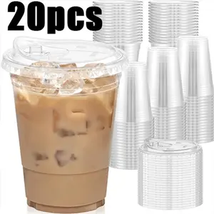 16oz Clear Plastic Cup with  Lid,20Sets Disposable Coffee Cup,Disposable Cups,Disposable Tableware for Party &TakeawayDrink,