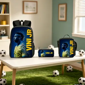 Vini Jr Football Star Printed Backpack 3 Piece Set School Travel Sports Backpack Lunch Bag Pencil Bag Lightweight TikTok Viral School Bag for Students Teens Soccer Fans Daily Use Gift