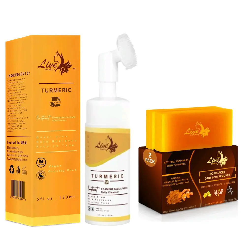Turmeric Cleansing Wash 2 -Piece Set: Turmeric Tablet, Cleansing Mousse & Soap | 3-in-1 Facial Skincare turmeric soap bar key to glowing skin Foaming Cleanser