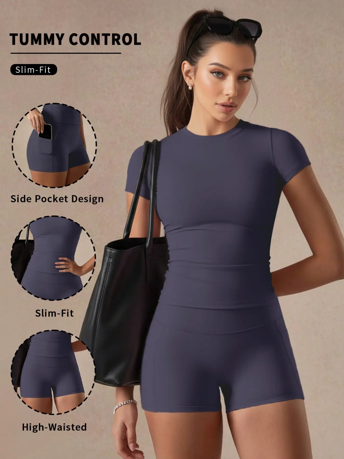 Soft Fog Two-Piece Set with Tailored Short Sleeve Top and High Waist Shorts, Breathable Material for All-Day Comfort, Fitted Women