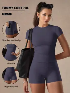 Soft Fog Two-Piece Set with Tailored Short Sleeve and High Waist Shorts, Breathable Material for All-Day Comfort