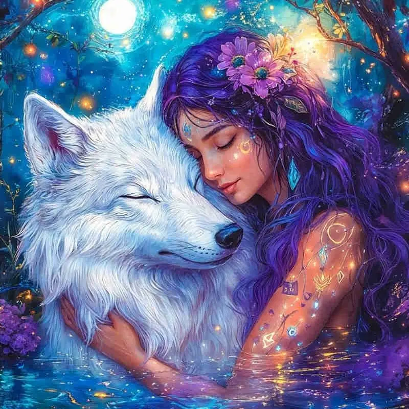 Mystic Wolf Maiden Moonlit Waters 5D Full Drill Diamond Painting Kit Enchanting Design with Shimmering Glow and Floral Accents Fantasy Nature Art Style DIY Art Crafts For Home Wall Decor Ideal Gift For Myth & Nature Lovers