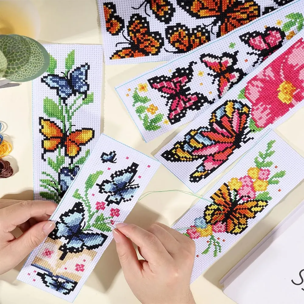 6-Piece Floral Butterfly Cross Stitch Bookmark Kit, Beginner-Friendly Embroidery Sewing Set, Includes Fabric, Threads, Tools, Instructions