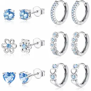 CASSIECA 6Pairs Small Earrings Set for Women 925 Sterling Silver Post Stud and Hoop Earrings Set Hypoallergenic Zirconia Flower Heart Cute Cartilage Earrings for Kids Baby Pink/Purple/Blue