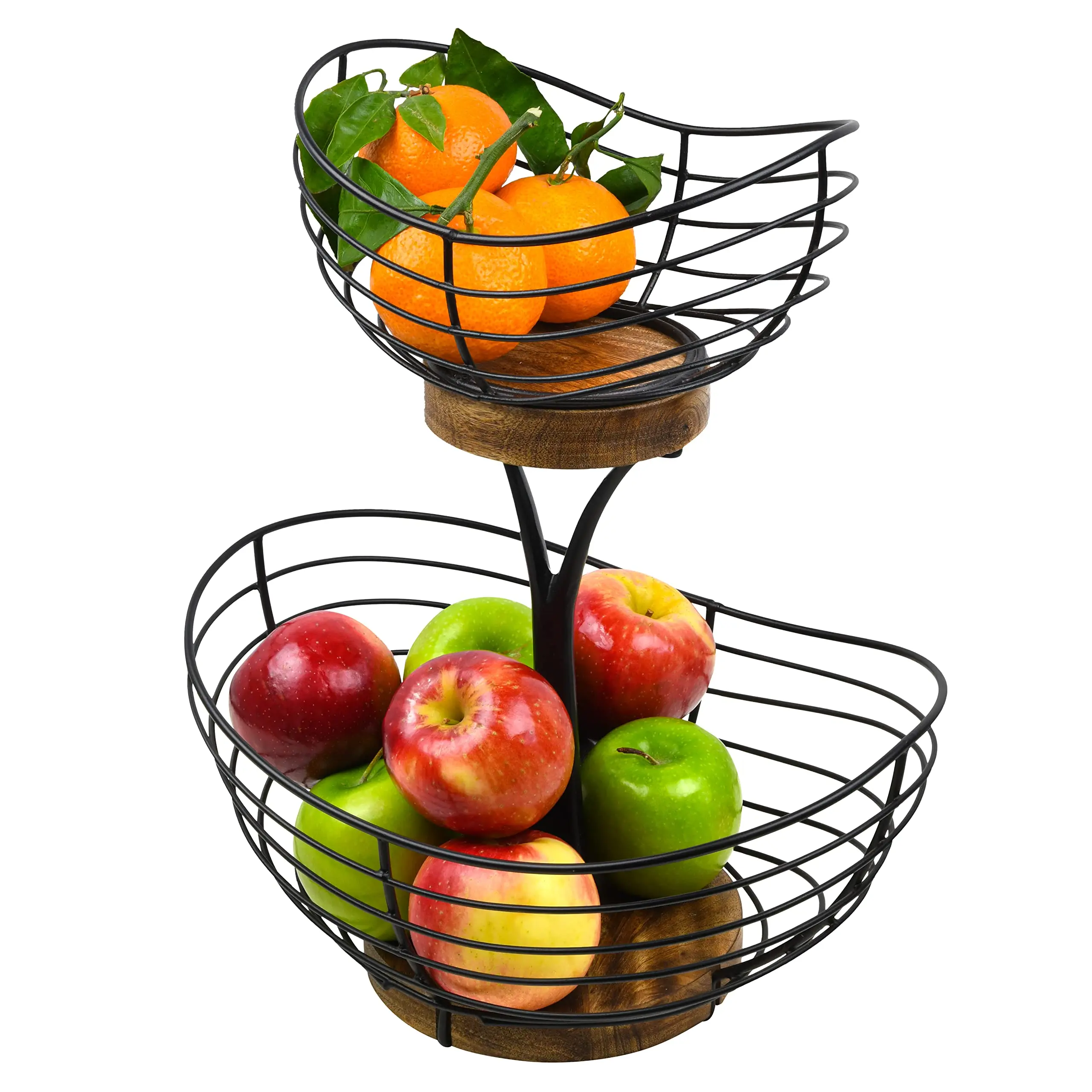 Tribello 2-Tier Wire Fruit Basket with Wooden Base - Modern Storage Organizer, Farmhouse Kitchen Organizers and Storage for Countertop Food, Fruits & Vegetables, Home Decor