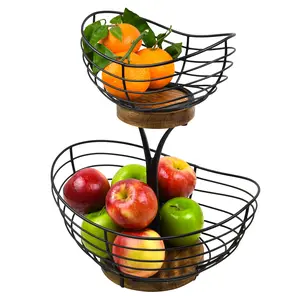 Tribello 2-Tier Wire Fruit Basket with Wooden Base, Farmhouse Decorative Kitchen Countertop Organizer for Fruits & Vegetables