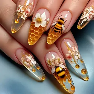 Floral Bee Design False Nails, Nails Press Ons, Reusable 24pcs Nail Art Stickers, Cute Fashionable Detachable Manicure Strips for Daily Use