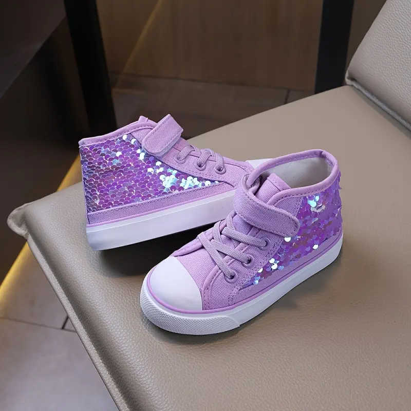 Purple sequined canvas shoes for girls, easy to slip on and off, suitable for all seasons, for girls aged 3-13, ideal for performances, versatile and comfortable, stylish sequined canvas shoes