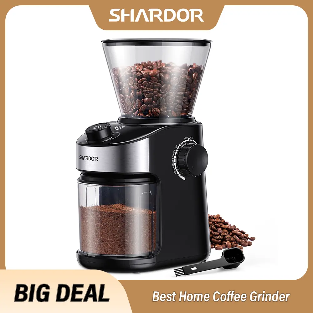 SHARDOR Electric Steel Burr Coffee Grinder, 6.7oz Capacity Coffee Equipment, 40-Second Digital Timer, 25 Adjustable Settings, Auto Grind Function, Compact Small Footprint, US Plug, Ideal for Espresso, Pour Over
