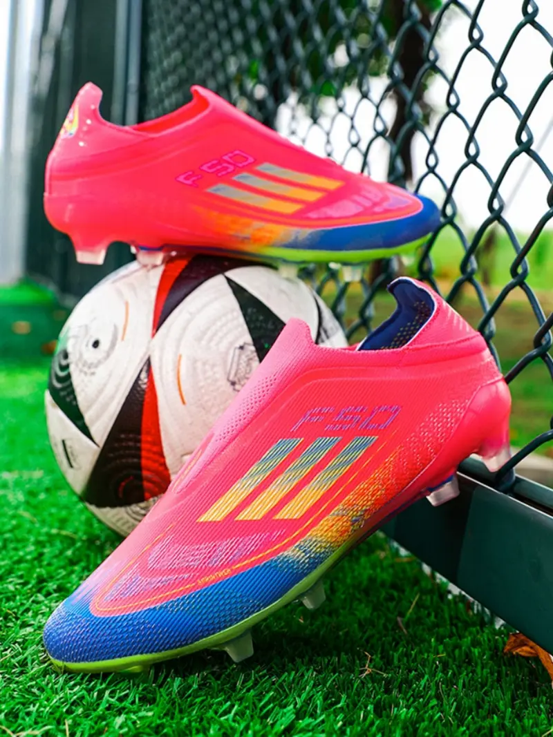 Unisex White-Blue-Orange Gradient Laceless Firm Ground Soccer Shoes: Competitive Pro Style, Knit Breathable Upper, Anti-Twist Midsole, Transparent Stud Grip. Ideal for official matches/professional training.