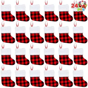24 PCS 5 Mini Christmas Stocking,Red Black Plaid Xmas Stockings for Christmas Tree Decoration, Party Favors and Holiday Season Supplies