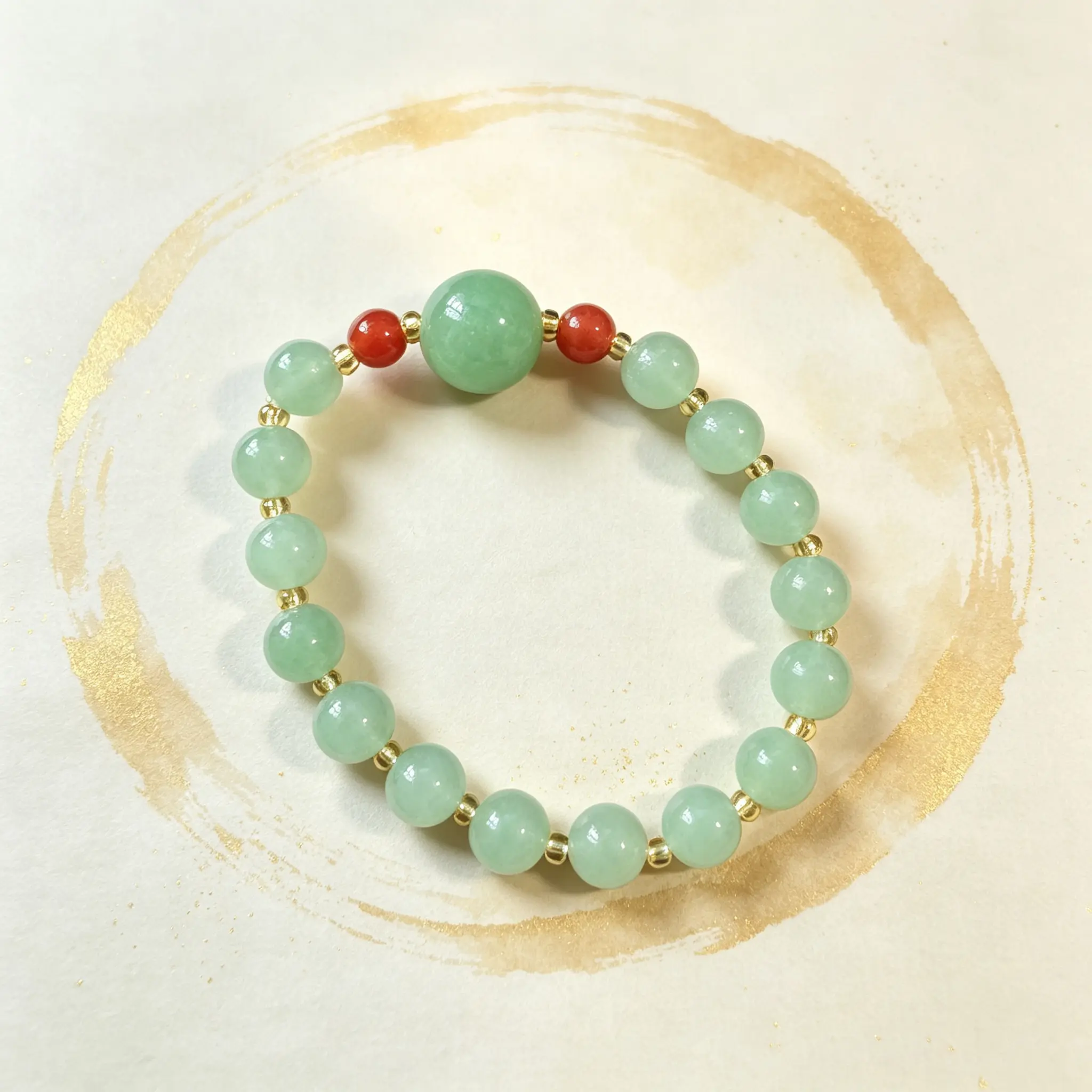 Women's Green Natural Stone Beaded Stretch Bangle - Red Accents, Vintage Chinese Style, Fashionable Jewelry with Classic Charm, Unisex Wear Good Luck Daily Accessory Gift