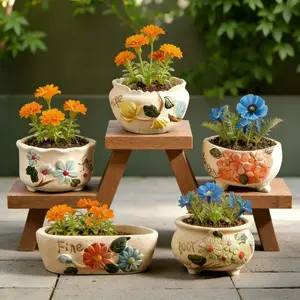 5-Piece Decorative Ceramic Flower Pot Set – Hand-Painted Floral Design Planters (Assorted Shapes & Sizes). Cute, Durable Ceramic Pots with "Fine" Lettering, Perfect for Succulents, Small Flowers & Houseplants. No Plants Included.
