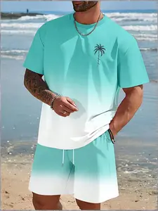 Men's Regular Fit Tropical Coconut Tree Print Tee & Shorts Set, Casual Round Neck Gradient Ombre Short Sleeve T-shirt & Shorts, Men's Summer Clothes